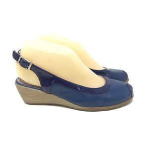 Baerchi Spain Leather Blue Sandals Slingback Peep Toe Wedge Heel Shoes Size 36 6